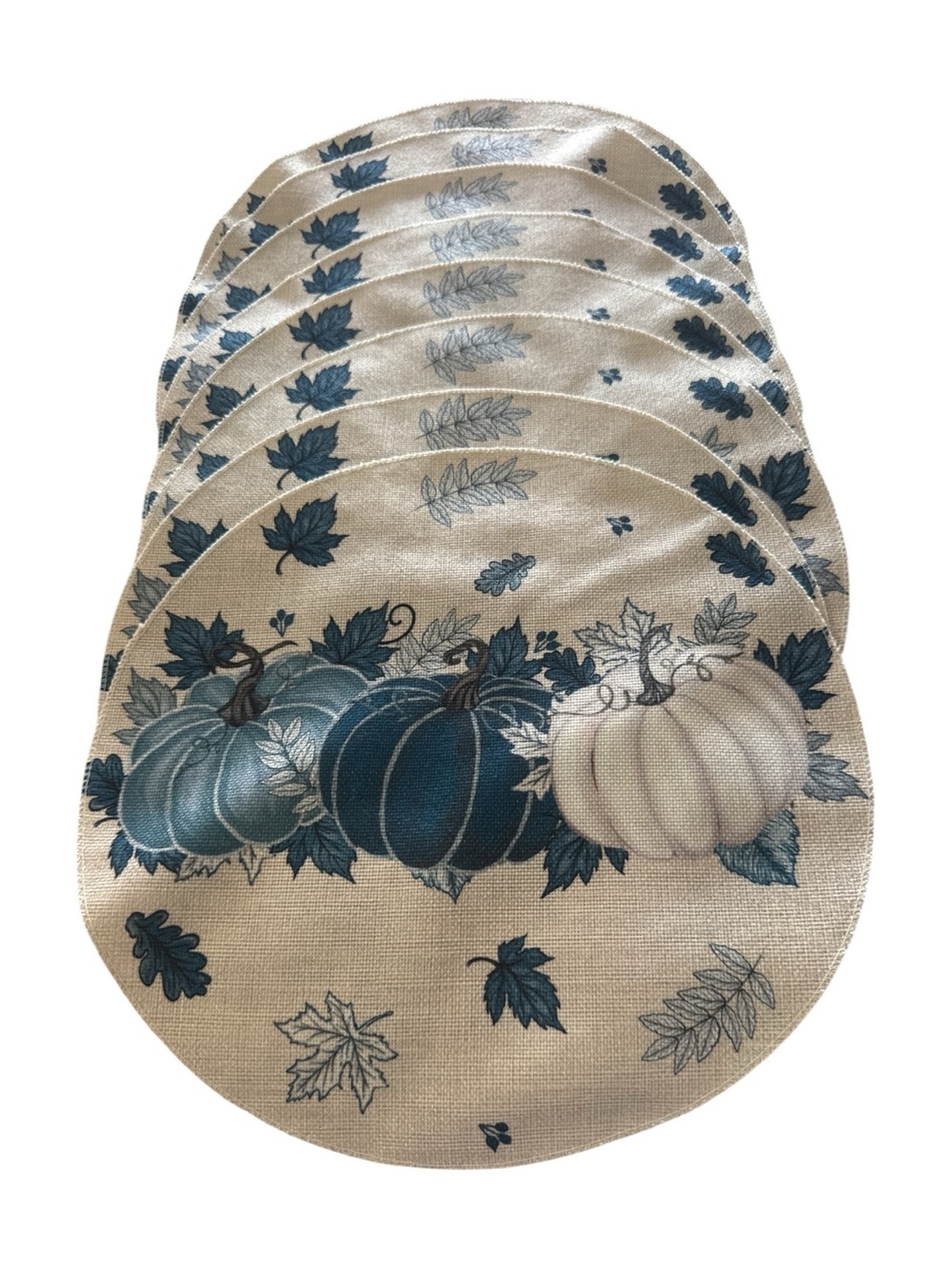 Pumpkin Placemats Set in Teal and Cream. Set of 8. EC